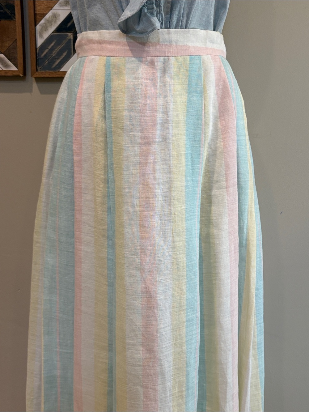 Vintage Tassels & Cuffs Corbin Ltd Striped Pastel Pleated Linen Skirt size Small - Picture 3 of 14